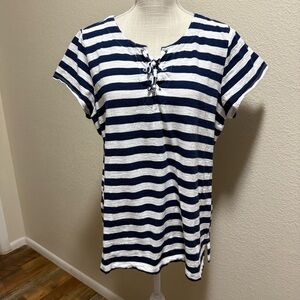 St John’s Bay - Navy & White Striped Lace-Up Top - Size XL